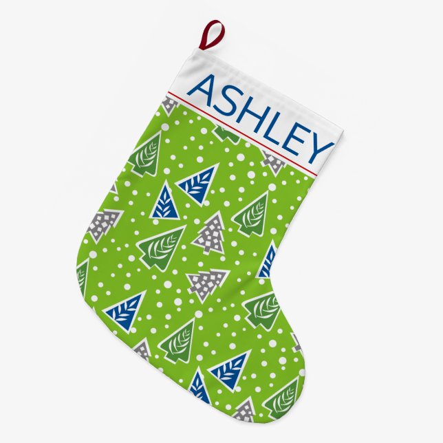 Stylised Christmas trees pattern lime green, name Large Christmas Stocking (Front (Hanging))