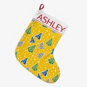 Stylised Christmas trees pattern yellow and name Large Christmas Stocking