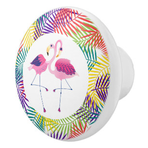 Stylised Coconut Leaf & Pink Flamingos Ceramic Knob