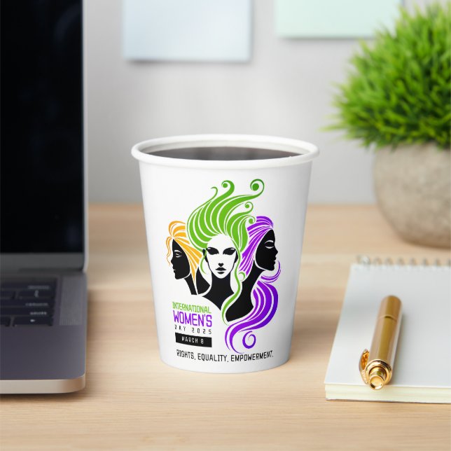 Stylised Colourful Trio of Women IWD 2025 Paper Cups (Insitu)