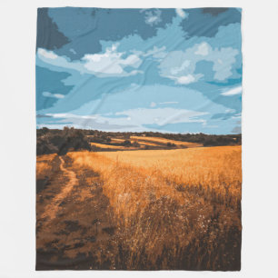 Stylised Countryside Road Golden Summer Fleece Blanket