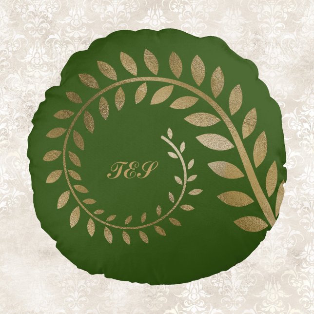 Stylised Curled Spiral Fern on Gold Against Green Round Cushion (Creator Uploaded)
