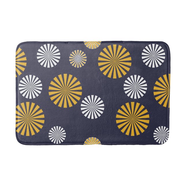 Stylised dandelions, navy blue, yellow, white bath mat (Front)