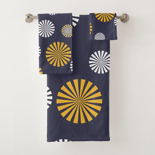 Stylised dandelions, navy blue, yellow, white bath towel set (Insitu)