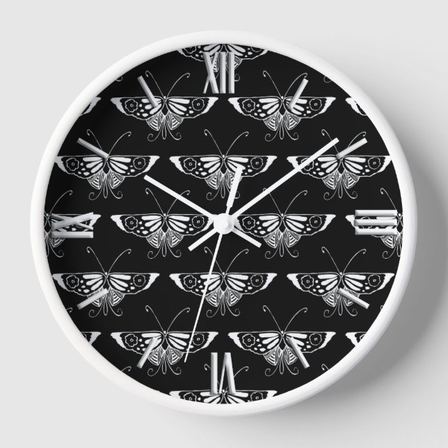 Stylised Deco butterfly  - black and white Wall Clock (Front)
