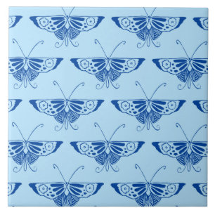 Stylised Deco butterfly  - cobalt and pale blue Tile
