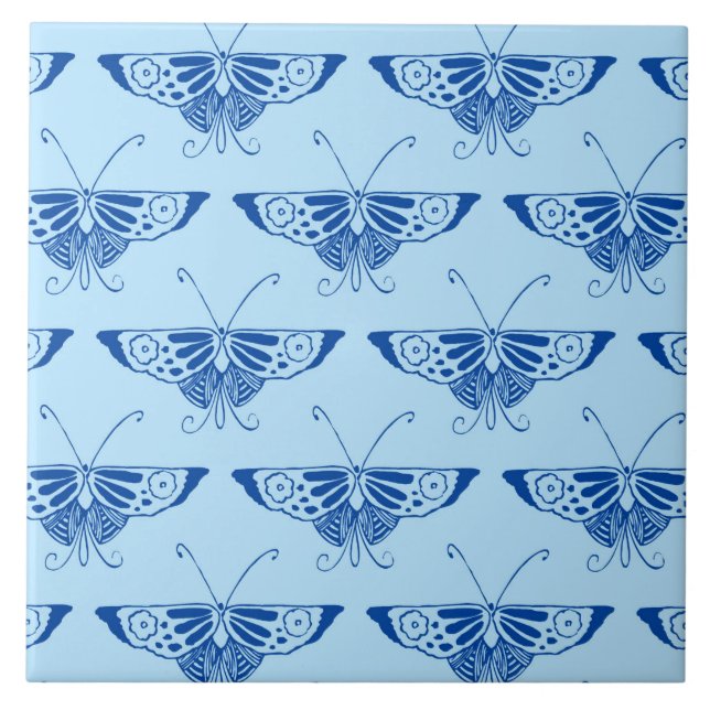 Stylised Deco butterfly  - cobalt and pale blue Tile (Front)