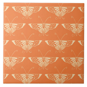 Stylised Deco butterfly - coral orange Tile