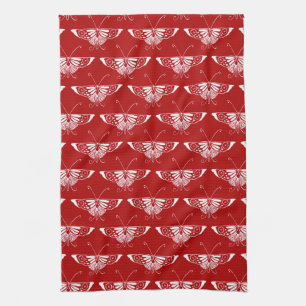 Stylised Deco butterfly - dark red and white Tea Towel