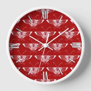 Stylised Deco butterfly - dark red and white Wall Clock