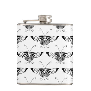 Stylised Deco butterfly  - white and black Hip Flask
