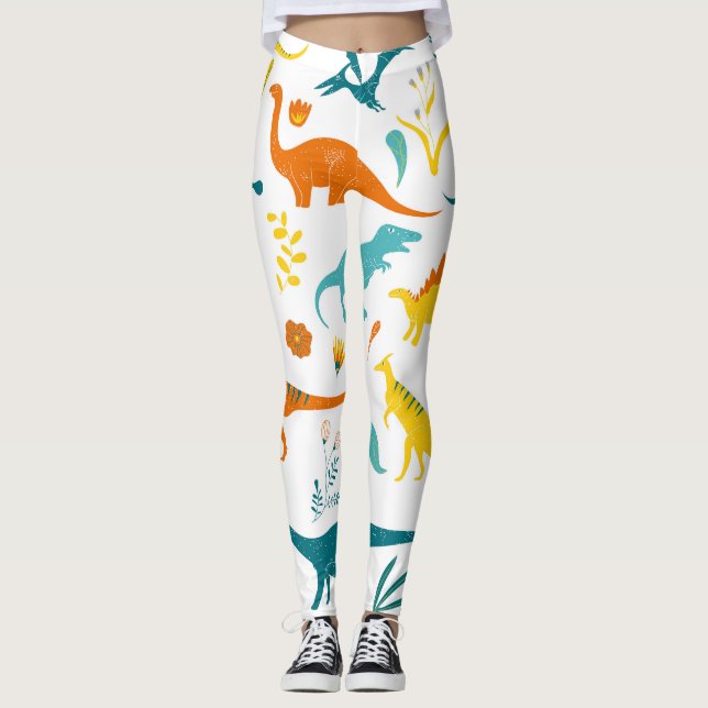 Stylised dinosaurs, floral elements, cute. leggings (Front)