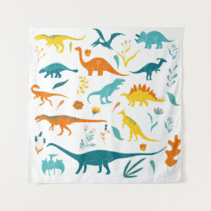 Stylised dinosaurs, floral elements, cute. tapestry