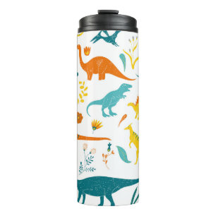 Stylised dinosaurs, floral elements, cute. thermal tumbler