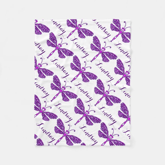 Stylised dragonfly purple name patterned blanket (Front)