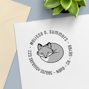 Stylised Etched Sleeping Fox Round Address 2 Self-inking Stamp
