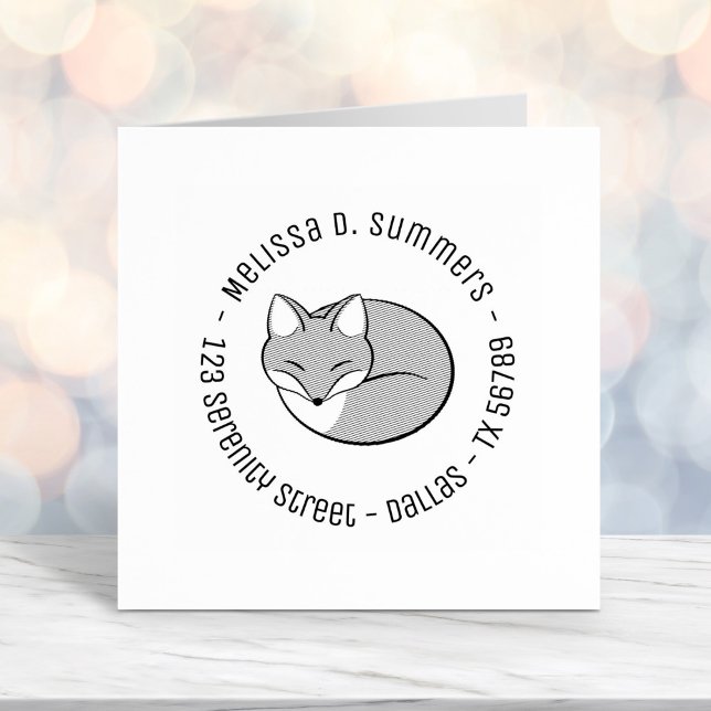 Stylised Etched Sleeping Fox Round Address 2 Self-inking Stamp (Creator Uploaded)