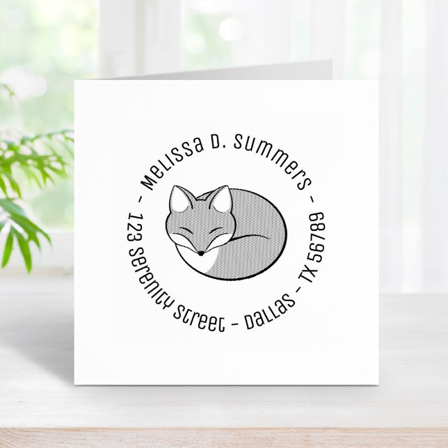 Stylised Etched Sleeping Fox Round Address 4 Rubber Stamp (Creator Uploaded)