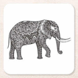 Stylised Fantasy Elephant Doodle Square Paper Coaster