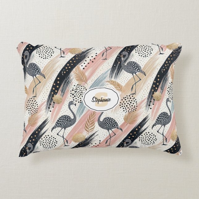 Stylised Flamingo & Brushstroke Pattern Decorative Cushion (Front)