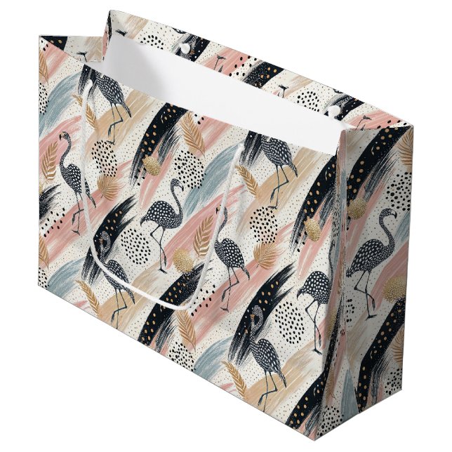 Stylised Flamingo & Brushstroke Pattern Large Gift Bag (Front Angled)