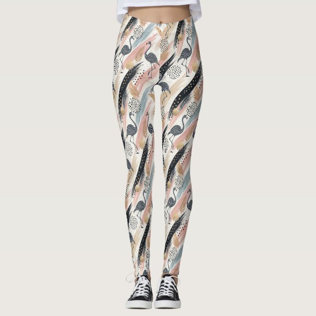 Stylised Flamingo & Brushstroke Pattern Leggings (Front)
