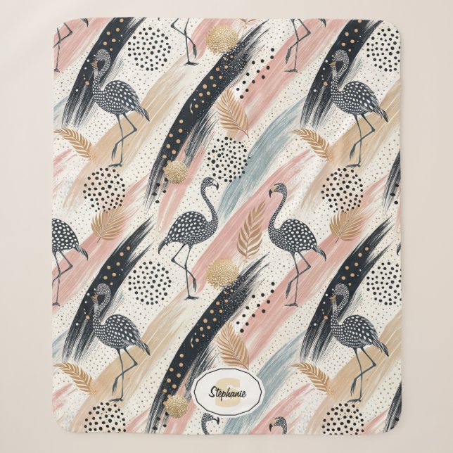 Stylised Flamingo & Brushstroke Pattern Sherpa Blanket (Front)