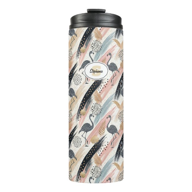 Stylised Flamingo & Brushstroke Pattern Thermal Tumbler (Front)
