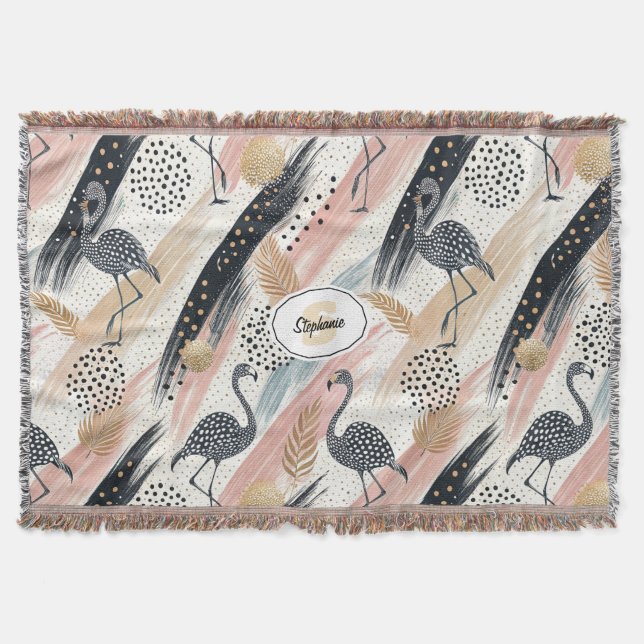 Stylised Flamingo & Brushstroke Pattern Throw Blanket (Front)