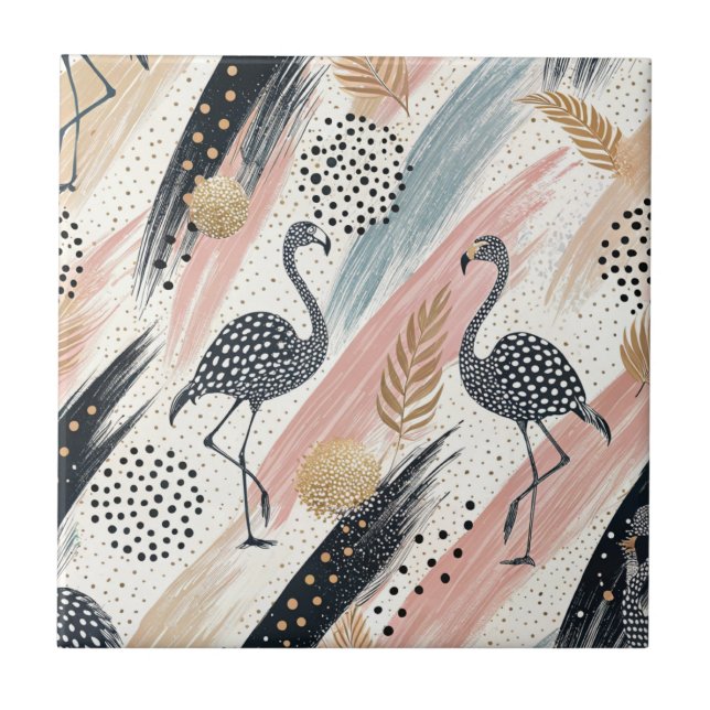 Stylised Flamingo & Brushstroke Pattern Tile (Front)