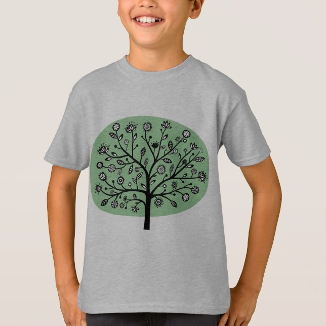 Stylised Flower Tree - Faded Green T-Shirt (Front)