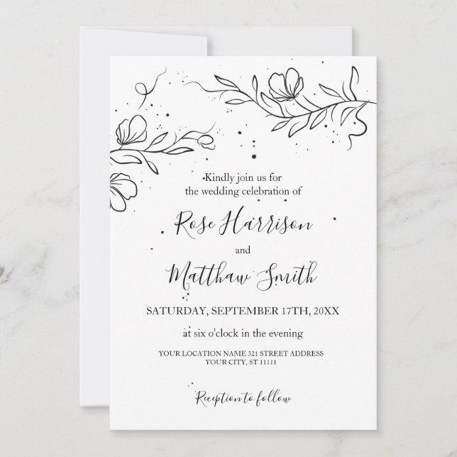 Stylised flowering branch and drops of ink Wedding Invitation (Front)