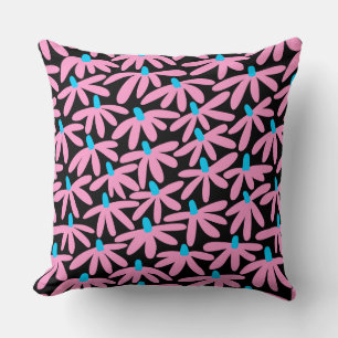 Stylised Flowers - Pink, Sky Blue and Black Cushion