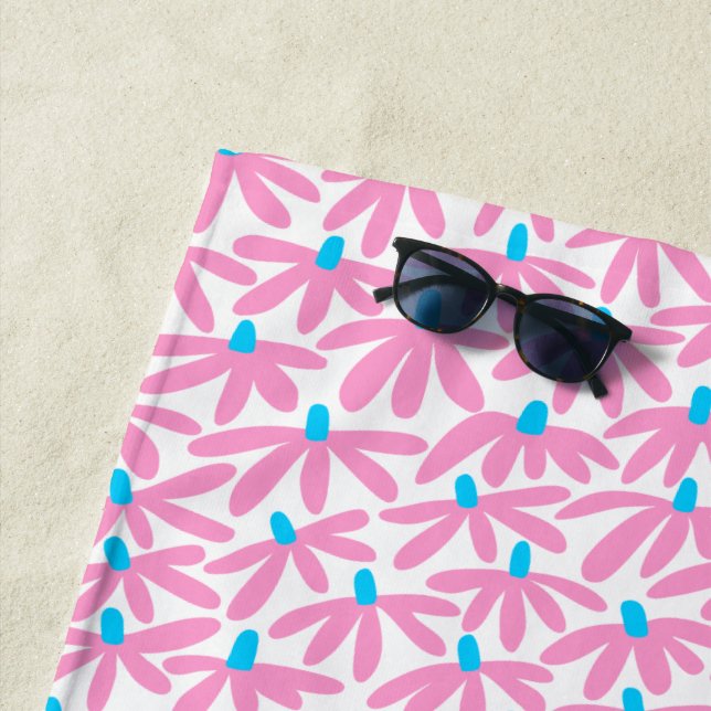 Stylised Flowers - Pink, Sky Blue and White Beach Towel (In Situ)