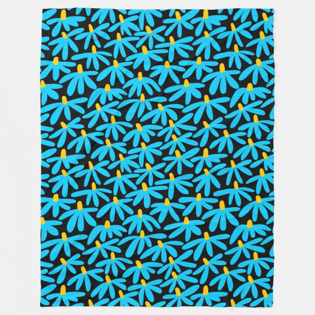Stylised Flowers - Sky Blue, Amber and Black Fleece Blanket (Front)