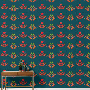 Stylised Flowers Turquoise & Burnt Orange Folk Art Wallpaper
