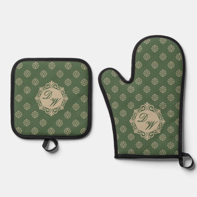 Stylised Foulard Design in Sage Green Oven Mitt & Pot Holder Set (Front)