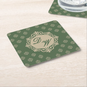Stylised Foulard Design in Sage Green Square Paper Coaster