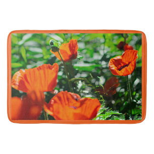 Stylised Garden Red Orange Poppy Flowers Bath Mat