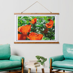 Stylised Garden Red Orange Poppy Flowers Hanging Tapestry