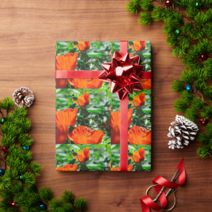 Stylised Garden Red Orange Poppy Flowers Wrapping Paper