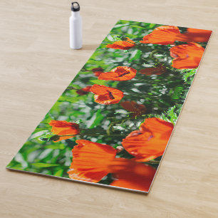 Stylised Garden Red Orange Poppy Flowers Yoga Mat