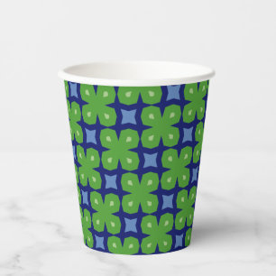 Stylised Geometric Four-Leaf Clovers on Blue Paper Cups