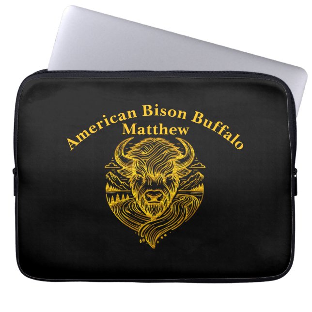 Stylised Gold Bison Illustration in Nature Setting Laptop Sleeve (Front)