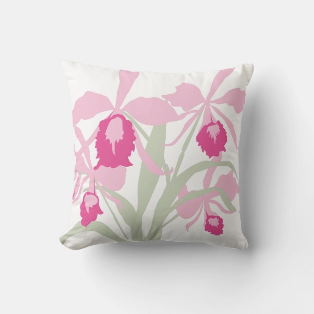 Stylised graphic pink green orchid art pillow (Front)