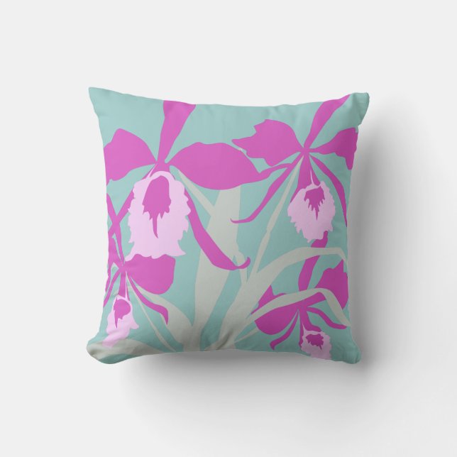 Stylised graphic purple aqua orchid art pillow (Front)