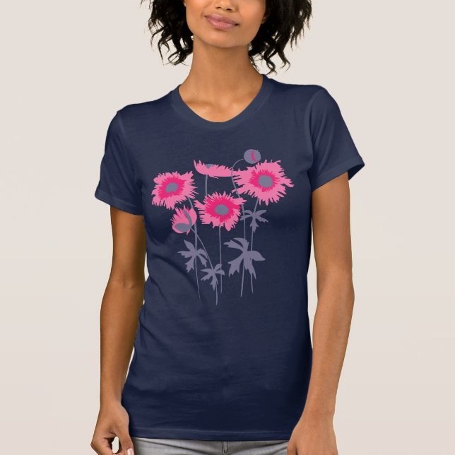 Stylised graphic ragged poppies pink & grey T-Shirt (Front)