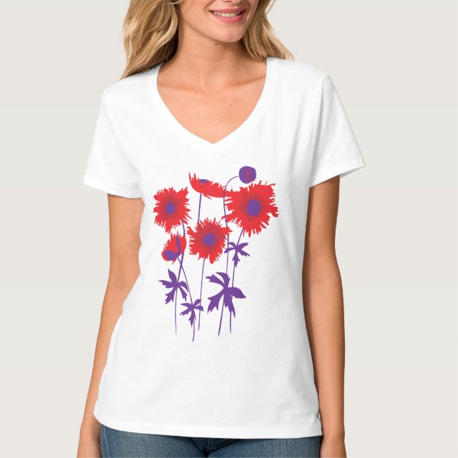 Stylised graphic ragged poppies red & purple T-Shirt (Front)