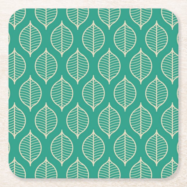Stylised Green Leaf Pattern Square Paper Coaster (Front)