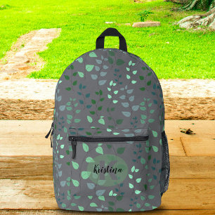 Stylised Green Leaves on Grey Name Monogram Printed Backpack